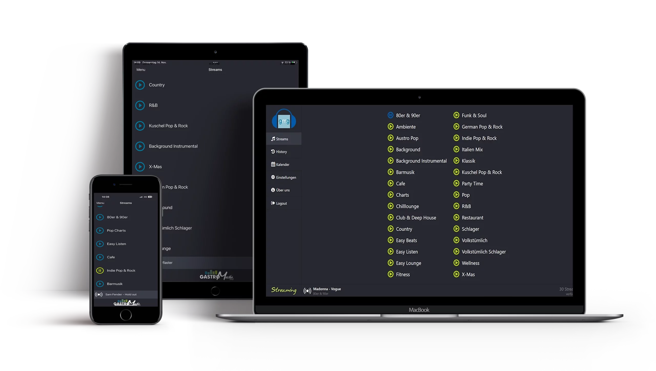 Unsere Musik Streaming App am Laptop, Tablet und Handy.