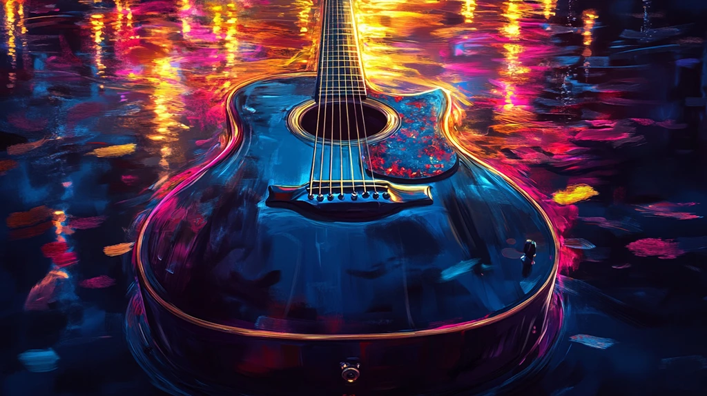 KI in der Musikbranche: Eine Illustration von einer Gitarre auf bunten Hintergrund.